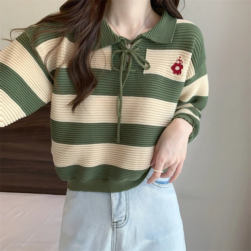 Red + Green Striped Collar Knit Sweater