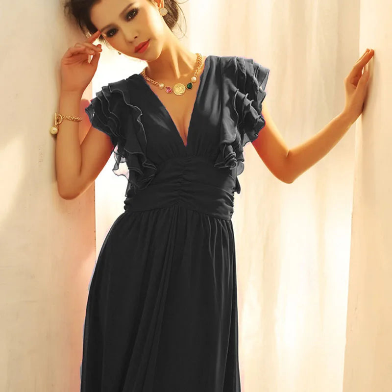 Women Girls Cascading Ruffled Maxi Jumpsuit V-neck Empire Waist Chiffon Party Evening Cocktail Ball Gown Long Wide Leg Pants